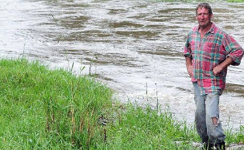 Worried: Brooklyn Farm sharefarmer Bruce McKenzie surveys a mob of unconcerned cows cut off on an island created by the flooded Orara River. Worried: Brooklyn Farm sharefarmer Bruce McKenzie surveys a mob of unconcerned cows cut off on an island created by the flooded Orara River.